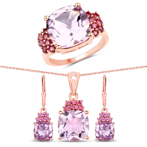 Jewelry Sets-16.35 Carat Genuine Pink Amethyst and Rhodolite Garnet .925 Sterling Silver 3 Piece Jewelry Set (Ring, Earrings, and Pendant w/ Chain)
