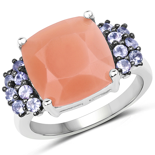 6.18 Carat Genuine Peach Moonstone and Tanzanite .925 Sterling Silver Ring