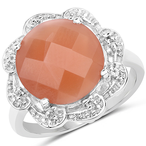 Rings-5.68 Carat Genuine Peach Moonstone and White Topaz .925 Sterling Silver Ring