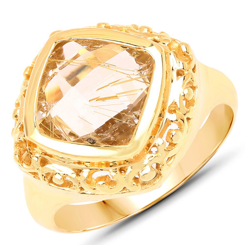 Rings-14K Yellow Gold Plated 3.86 Carat Genuine Golden Rutile .925 Sterling Silver Ring