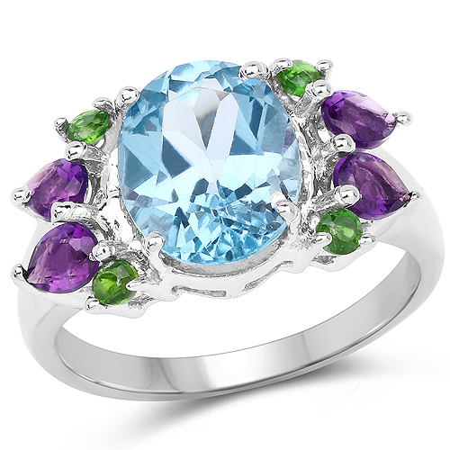 Rings-4.00 Carat Genuine Swiss Blue Topaz, Chrome Diopside & Amethyst .925 Sterling Silver Ring