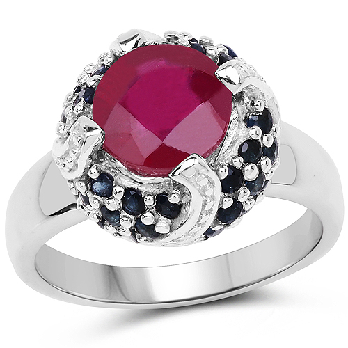 Ruby-3.70 Carat Glass Filled Ruby and Blue Sapphire .925 Sterling Silver Ring