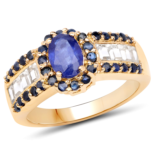 Sapphire-14K Yellow Gold Plated 1.00 Carat Glass Filled Sapphire Ring with 1.92 ct. t.w. Multi-Gems in Sterling Silver