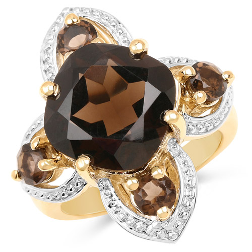 Rings-14K Yellow Gold Plated 5.92 Carat Genuine Smoky Quartz .925 Sterling Silver Ring