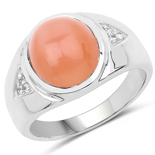 Rings-6.59 Carat Genuine Peach Moonstone and White Topaz .925 Sterling Silver Ring
