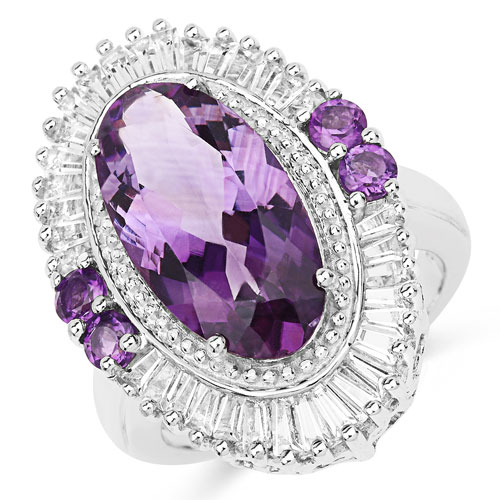 7.96 Carat Genuine Amethyst and White Topaz .925 Sterling Silver Ring