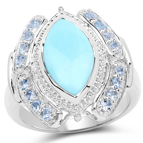 Rings-2.74 Carat Genuine Turquoise & Aquamarine .925 Sterling Silver Ring