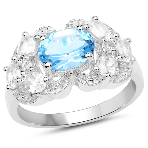 Rings-3.20 Carat Genuine Blue Topaz and White Zircon .925 Sterling Silver Ring