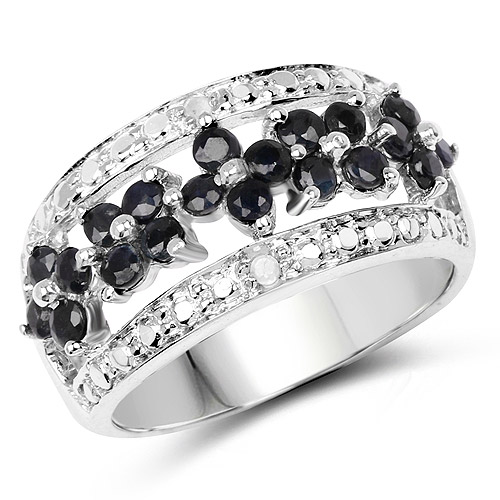 Sapphire-0.92 Carat Genuine Black Sapphire and White Diamond .925 Sterling Silver Ring