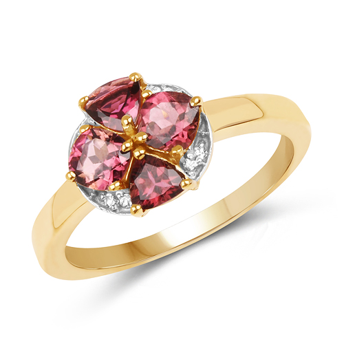 Rings-14K Yellow Gold Plated 0.94 Carat Genuine Pink Tourmaline & White Topaz .925 Sterling Silver Ring