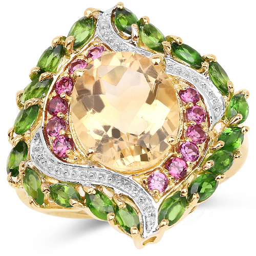 14K Yellow Gold Plated 6.11 Carat Genuine Citrine, Rhodolite & Chrome Diopside .925 Sterling Silver Ring