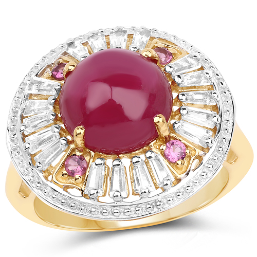 Ruby-14K Yellow Gold Plated 8.91 Carat Genuine Glass Filled Ruby, Rhodolite & White Topaz .925 Sterling Silver Ring