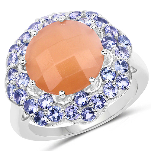 Rings-7.20 Carat Genuine Peach Moonstone and Tanzanite .925 Sterling Silver Ring