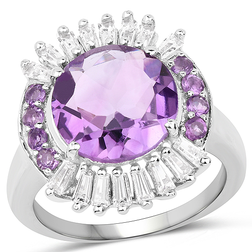 Amethyst-5.20 Carat Genuine Amethyst and White Topaz .925 Sterling Silver Ring