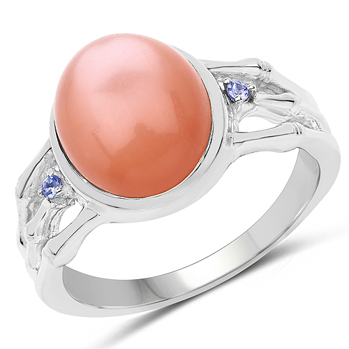 Rings-6.54 Carat Genuine Peach Moonstone and Tanzanite .925 Sterling Silver Ring