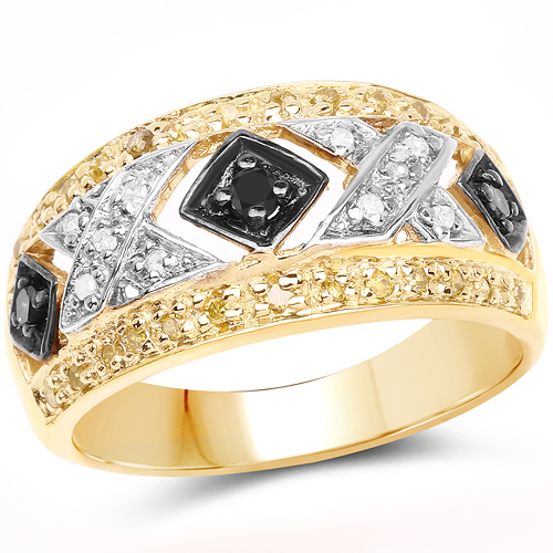 Diamond-14K Yellow Gold Plated 0.28 Carat Genuine Black Diamond, White Diamond & Yellow Diamond .925 Sterling Silver Ring