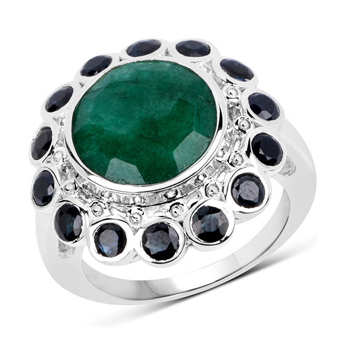 Emerald-6.88 Carat Dyed Emerald & Blue Sapphire .925 Sterling Silver Ring