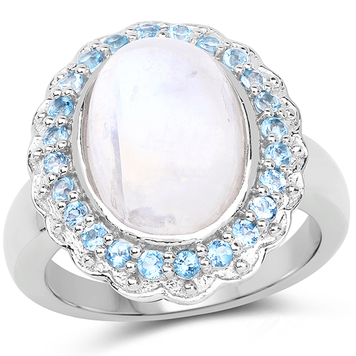 Rings-7.21 Carat Genuine White Rainbow Moonstone & Swiss Blue Topaz .925 Sterling Silver Ring