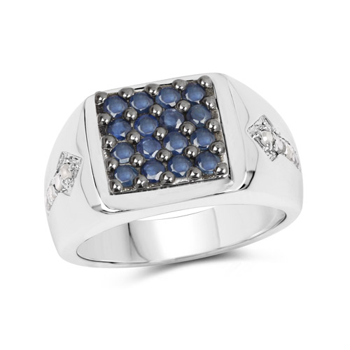 Sapphire-0.84 Carat Genuine Blue Sapphire and White Diamond .925 Sterling Silver Ring