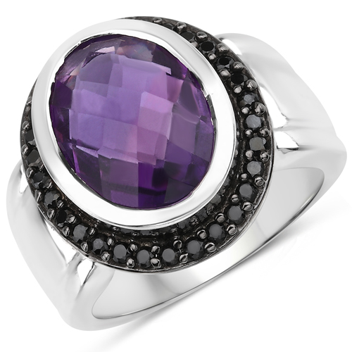 Amethyst-5.35 Carat Genuine Amethyst and Black Spinel .925 Sterling Silver Ring