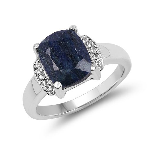 Sapphire-4.05 Carat Dyed Sapphire & White Topaz .925 Sterling Silver Ring