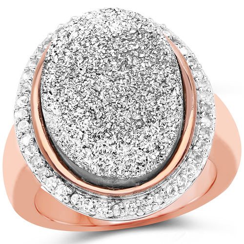 Rings-14K Rose Gold Plated 9.09 Carat Genuine Drusy & White Topaz .925 Sterling Silver Ring