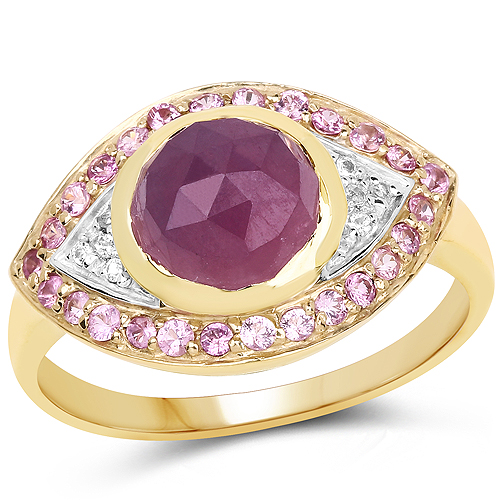 Sapphire-14K Yellow Gold Plated 3.02 Carat Genuine Pink Sapphire and White Topaz .925 Sterling Silver Ring