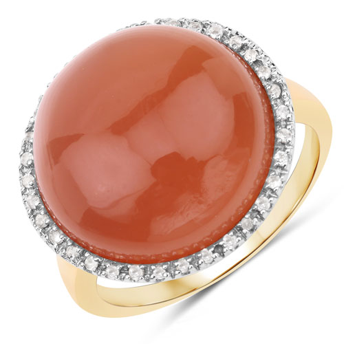 Rings-13.97 Carat Genuine Peach Moonstone and White Topaz .925 Sterling Silver Ring