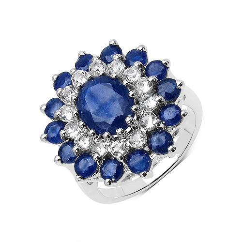 Sapphire-5.25 Carat Glass Filled Sapphire and White Topaz .925 Sterling Silver Ring