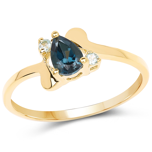 Rings-14K Yellow Gold Plated 0.58 Carat Genuine London Blue Topaz and Swiss Blue Topaz .925 Sterling Silver Ring