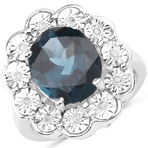Rings-5.11 Carat Genuine London Blue Topaz and White Diamond .925 Sterling Silver Ring
