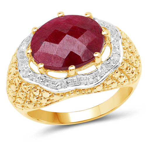 Ruby-14K Yellow Gold Plated 5.27 Carat Dyed Ruby and White Diamond .925 Sterling Silver Ring