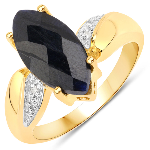 Sapphire-14K Yellow Gold Plated 3.86 Carat Dyed Sapphire & White Diamond .925 Sterling Silver Ring