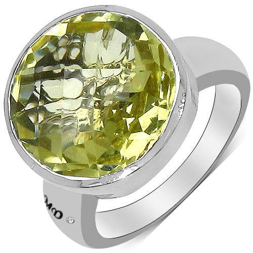 Rings-10.50 Carat Genuine Lemon Quartz and White Diamond .925 Sterling Silver Ring
