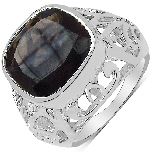 Rings-10.46 Carat Genuine Smoky Quartz & White Diamond .925 Sterling Silver Ring