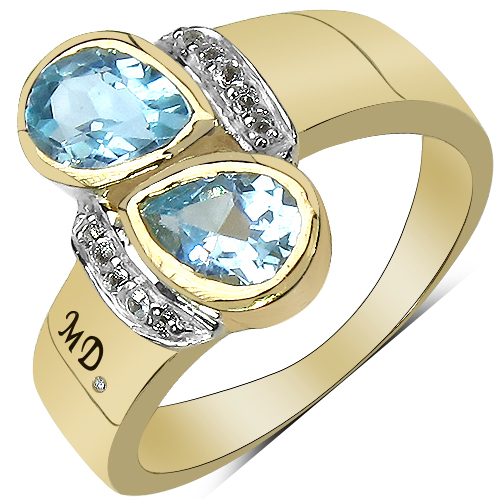 Rings-14K Yellow Gold Plated 1.86 Carat Genuine Blue Topaz, White Topaz & White Diamond .925 Sterling Silver Ring