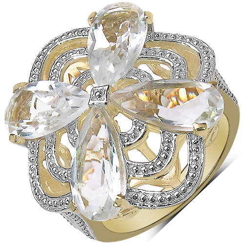 Rings-14K Yellow Gold Plated 6.69 Carat Genuine Crystal Quartz & White Diamond .925 Sterling Silver Ring