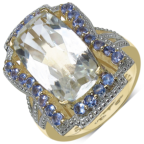 Rings-14K Yellow Gold Plated 7.85 Carat Genuine Crystal Quartz, Tanzanite & White Diamond .925 Sterling Silver Ring