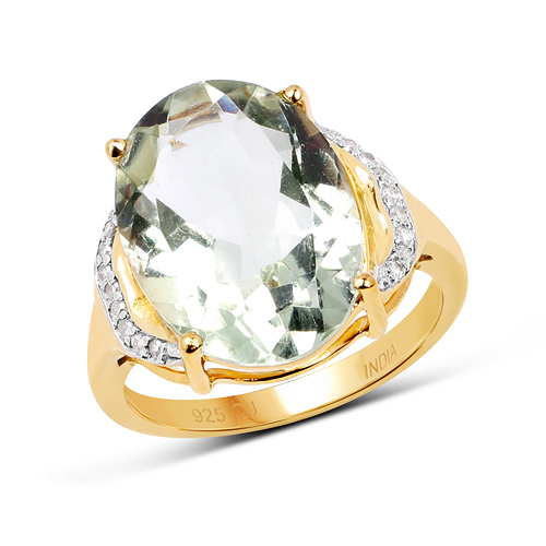 Amethyst-14K Yellow Gold Plated 7.99 Carat Genuine Green Amethyst & White Diamond .925 Sterling Silver Ring