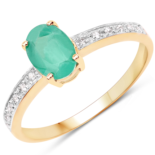 Emerald-0.79 Carat Genuine Zambian Emerald and White Zircon 10K Yellow Gold Ring