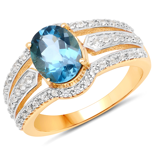 Rings-14K Yellow Gold Plated 2.30 Carat Genuine London Blue Topaz and White Topaz .925 Sterling Silver Ring