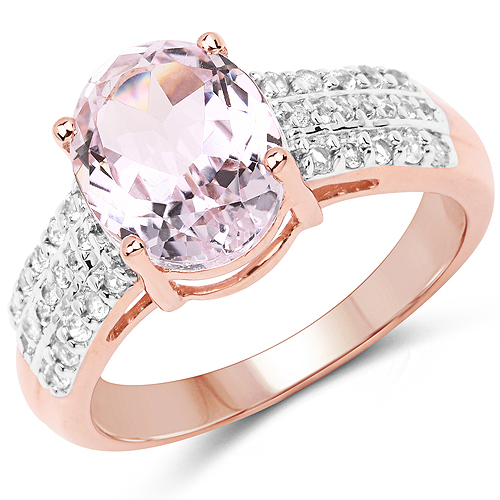 14K Rose Gold Plated 3.27 Carat Genuine Kunzite Oval and White Zircon .925 Sterling Silver Ring Ring