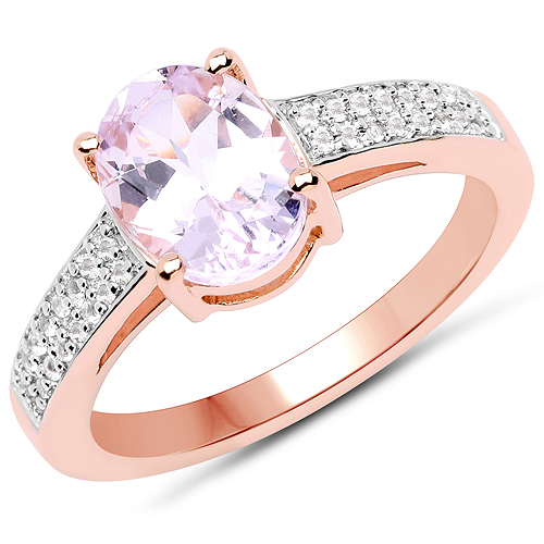 Rings-14K Rose Gold Plated 2.91 Carat Genuine Kunzite and White Zircon .925 Sterling Silver Ring