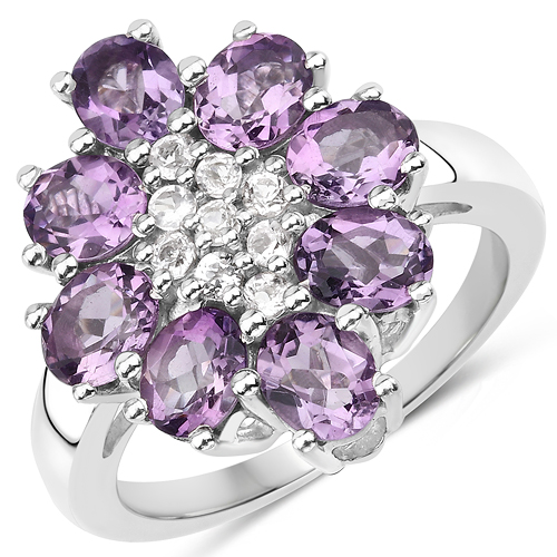 Amethyst-2.95 Carat Genuine Amethyst and White Topaz .925 Sterling Silver Ring