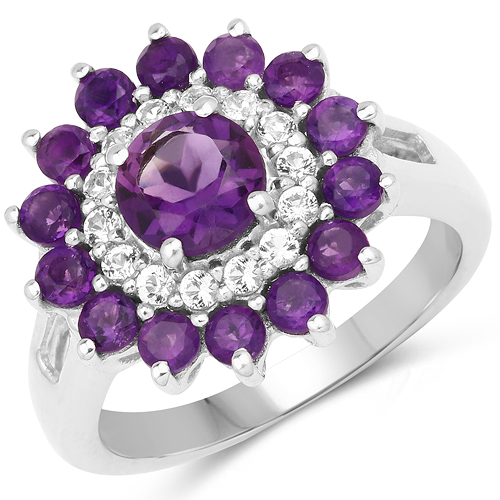 Amethyst-2.22 Carat Genuine Amethyst and White Topaz .925 Sterling Silver Ring