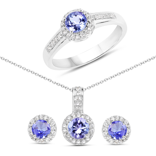 1.82 Carat Genuine Tanzanite and White Topaz .925 Sterling Silver 3 Piece Jewelry Set (Ring, Earrings, and Pendant w/ Chain)