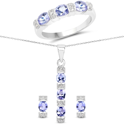 2.82 Carat Genuine Tanzanite and White Topaz .925 Sterling Silver 3 Piece Jewelry Set (Ring, Earrings, and Pendant w/ Chain)