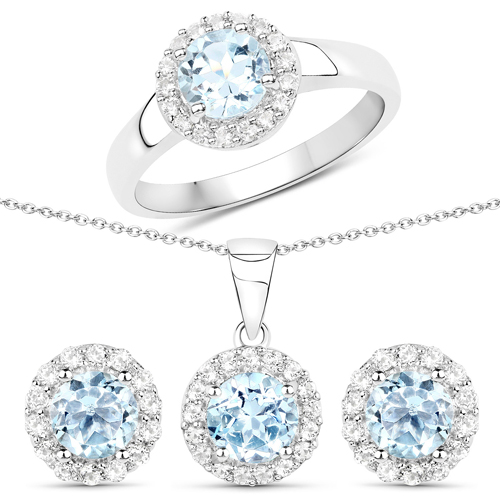 Jewelry Sets-4.23 Carat Genuine Blue Topaz and White Topaz .925 Sterling Silver 3 Piece Jewelry Set (Ring, Earrings, and Pendant w/ Chain)