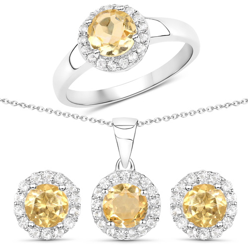 Citrine-3.83 Carat Genuine Citrine and White Topaz .925 Sterling Silver 3 Piece Jewelry Set (Ring, Earrings, and Pendant w/ Chain)