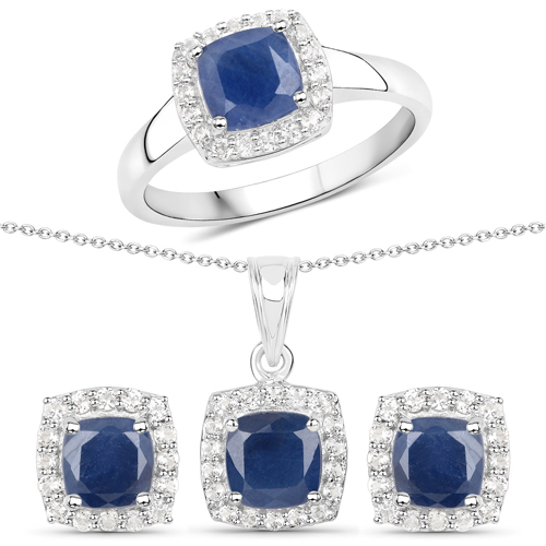 Sapphire-4.42 Carat Genuine Blue Sapphire and White Topaz .925 Sterling Silver 3 Piece Jewelry Set (Ring, Earrings, and Pendant w/ Chain)